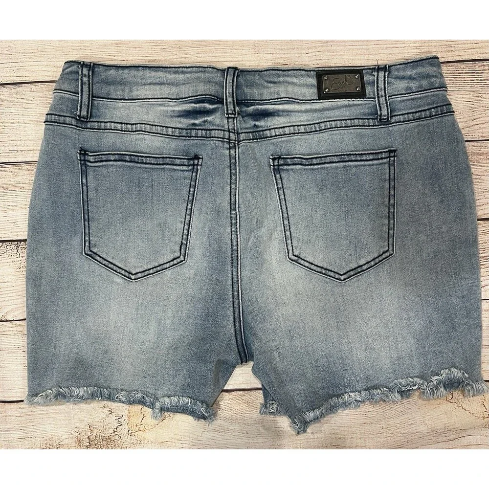 Earl Jean mid-rise denim shorts with blue floral embroidery and a frayed hem 12